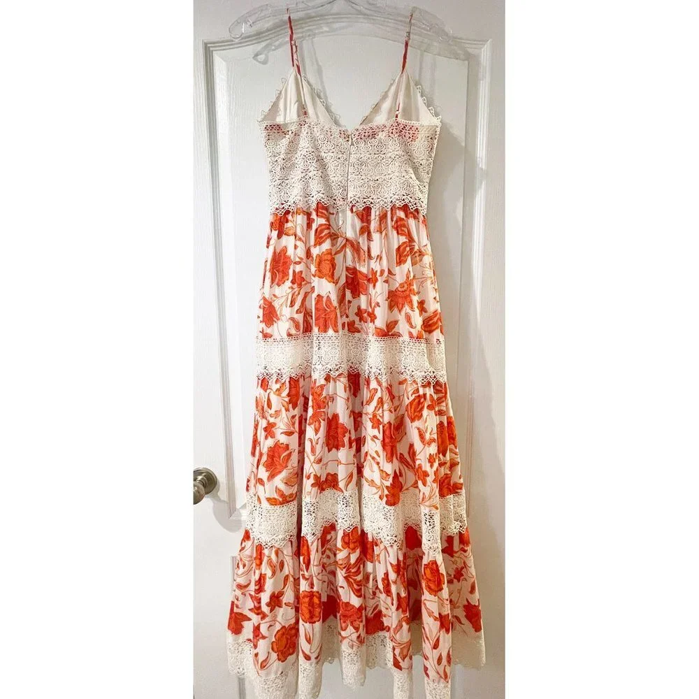 NWT Antonio Melani Red Orange and Ivory Floral Maxi Dress with Lace Size 2 - Picture 6 of 9